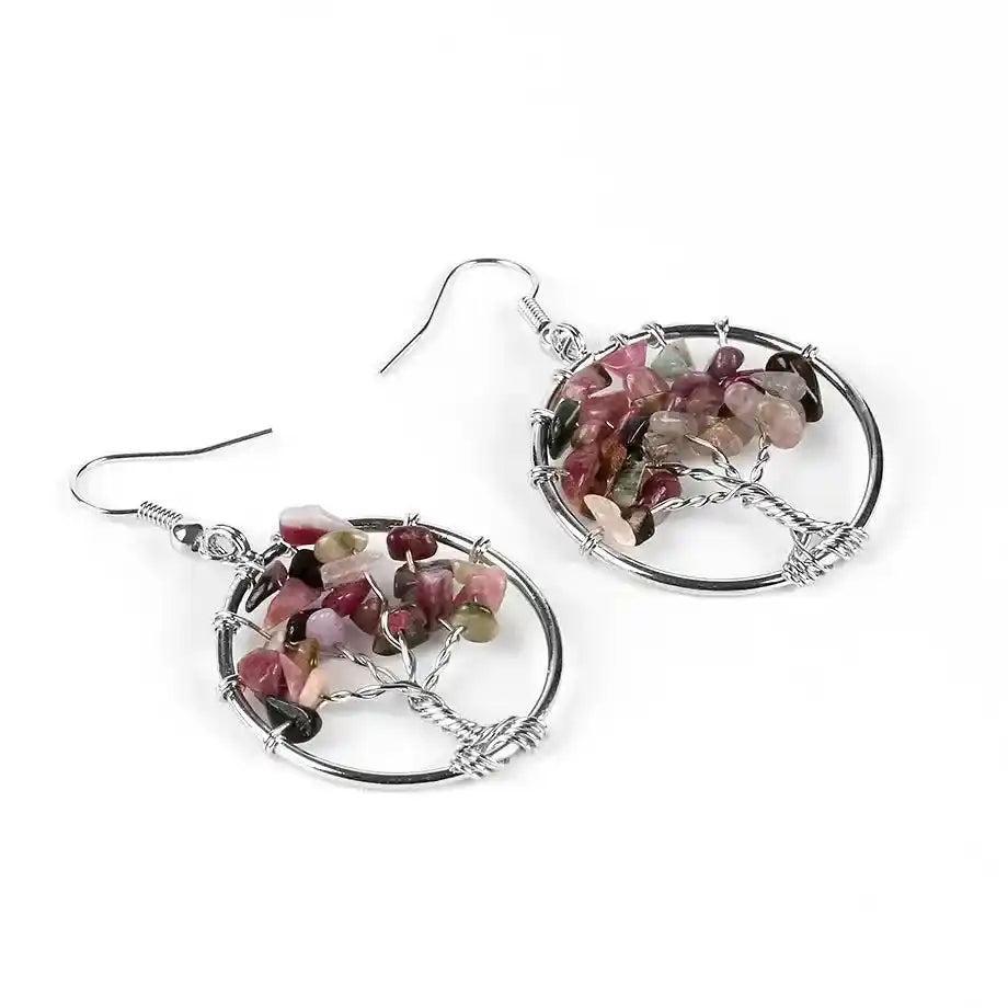 Silver Tree of Life Crystal Drop Earrings with vibrant, multi-colored natural gemstones for balance and positive energy.