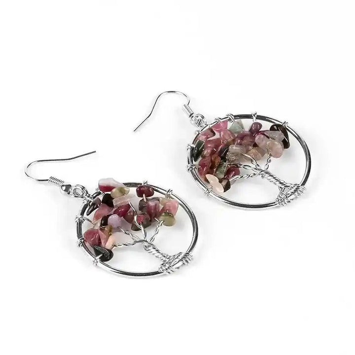Silver Tree of Life Crystal Drop Earrings with vibrant, multi-colored natural gemstones for balance and positive energy.
