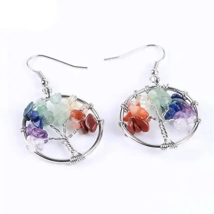 Tree of Life Crystal Drop Earrings with vibrant, natural gemstone chips for balance and positive energy.