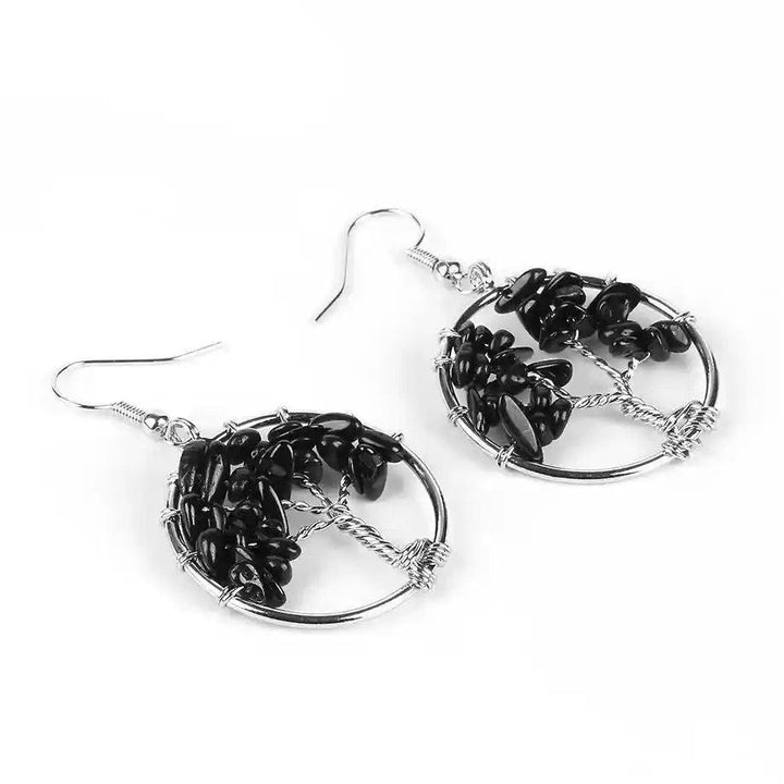 Tree of Life Crystal Drop Earrings with black natural gemstones for balance and positive energy.