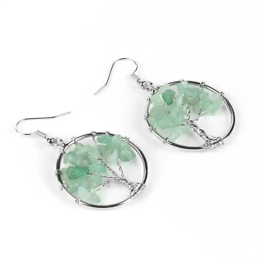 Tree of Life Crystal Drop Earrings with green aventurine gemstones for balance and positive energy.