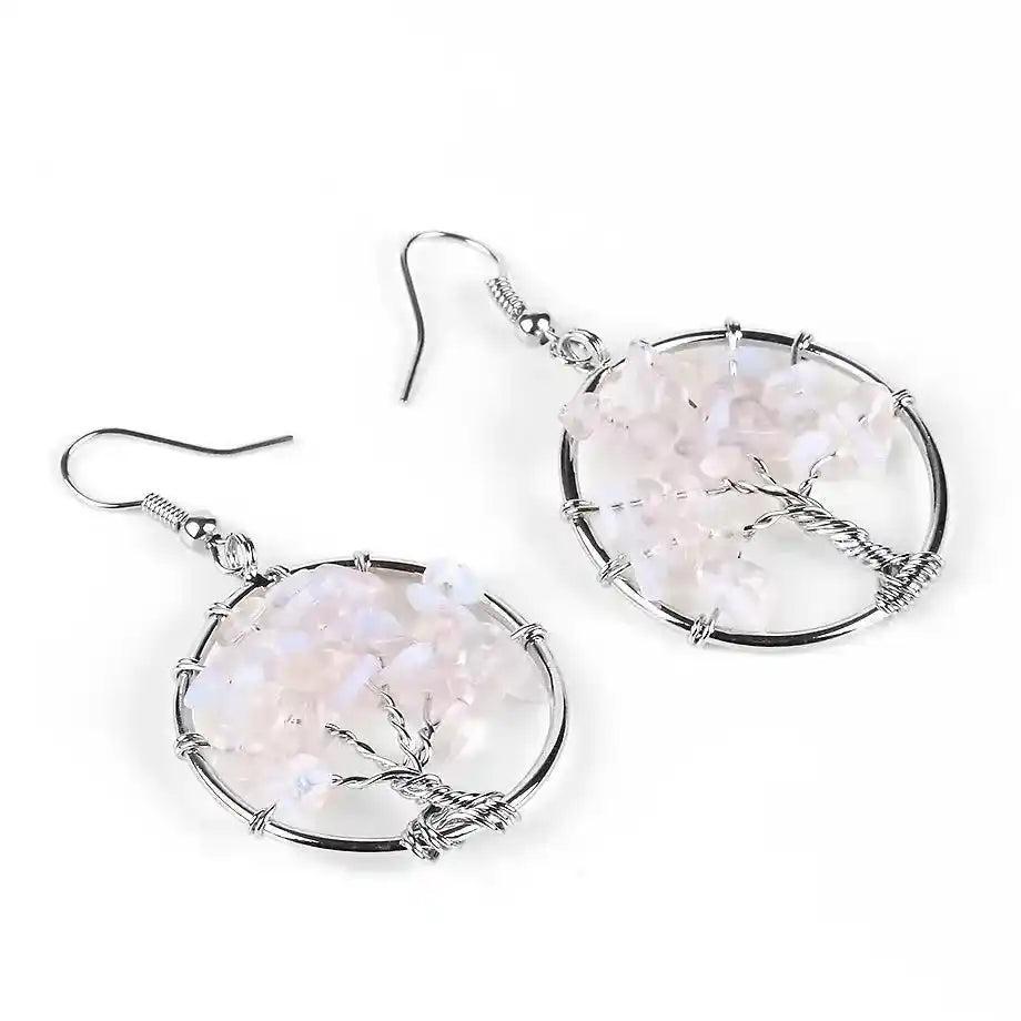 Tree of Life Crystal Drop Earrings with delicate pink rose quartz chips and silver wire, symbolizing growth and positive energy.
