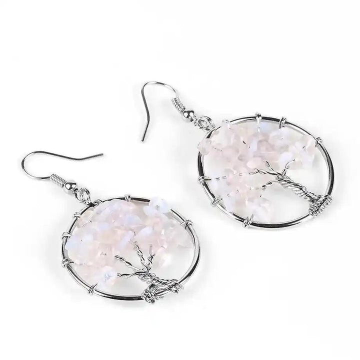 Tree of Life Crystal Drop Earrings with delicate pink rose quartz chips and silver wire, symbolizing growth and positive energy.