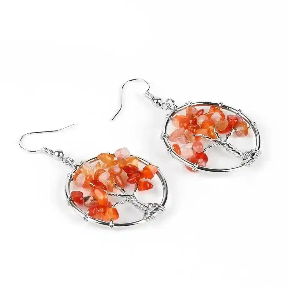 Tree of Life Crystal Drop Earrings with vibrant orange carnelian gemstones for growth, balance, and positive energy.
