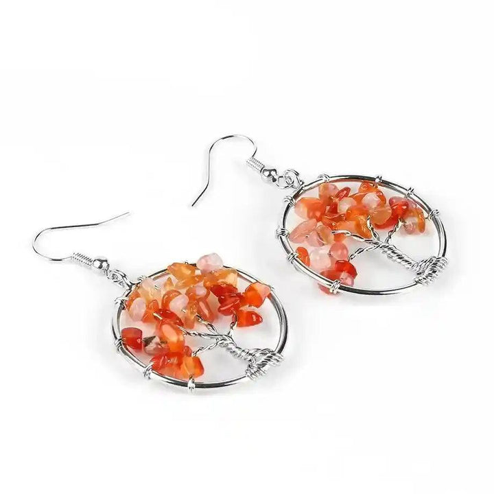 Tree of Life Crystal Drop Earrings with vibrant orange carnelian gemstones for growth, balance, and positive energy.