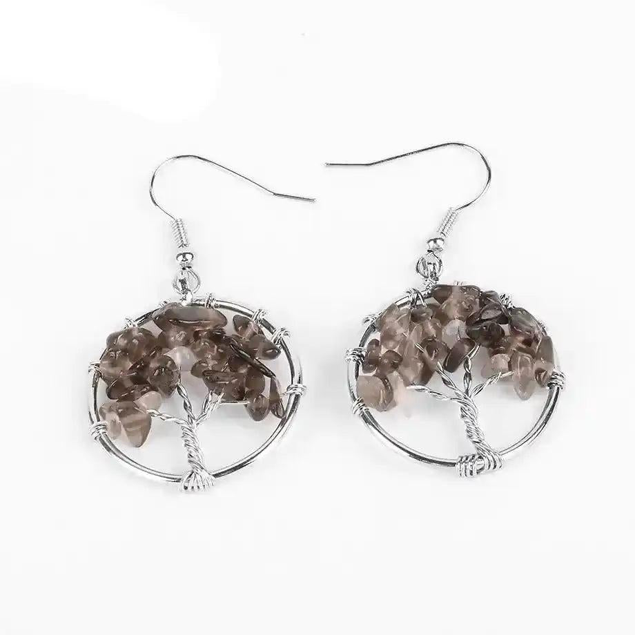 Tree of Life Crystal Drop Earrings with smoky quartz gemstones, symbolizing growth and positive energy.