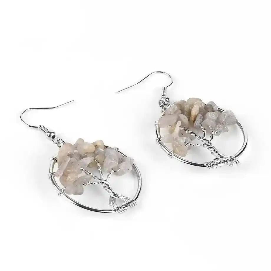 Tree of Life Crystal Drop Earrings with natural, light grey gemstones for balance and positive energy.
