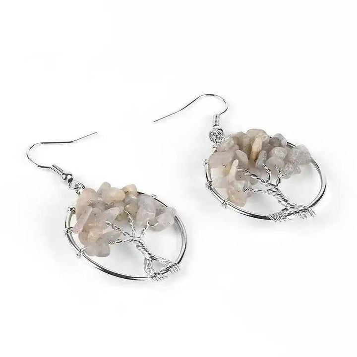 Tree of Life Crystal Drop Earrings with natural, light grey gemstones for balance and positive energy.