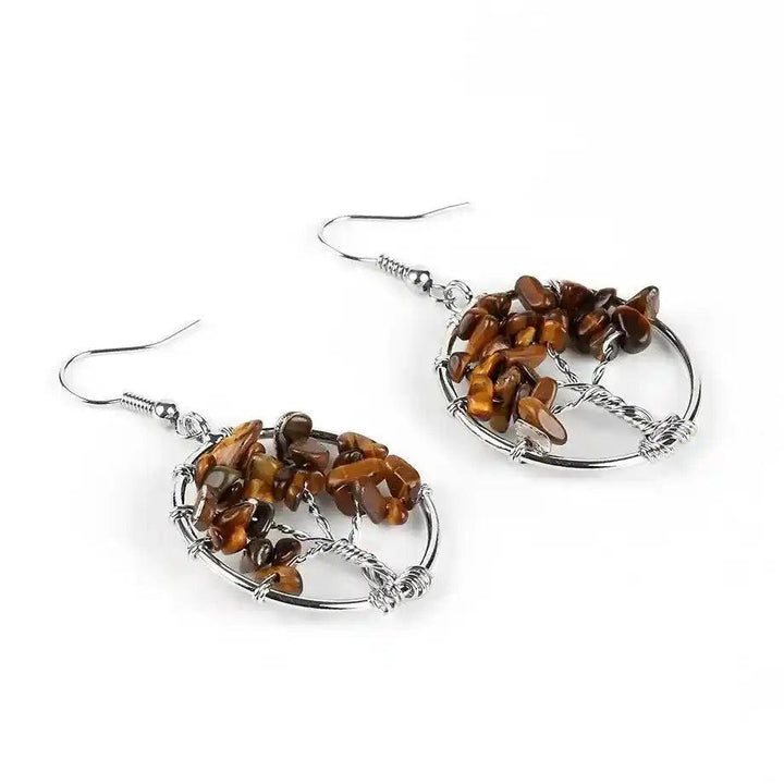 Tree of Life Crystal Drop Earrings with natural brown Tiger's Eye gemstones, symbolizing growth and positive energy.