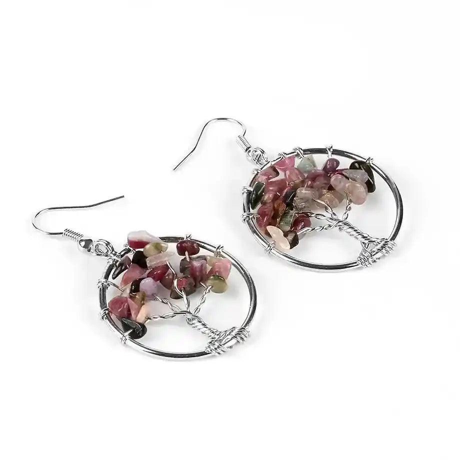 Tree of Life Crystal Drop Earrings with vibrant, multi-colored natural gemstones for balance and positive energy.