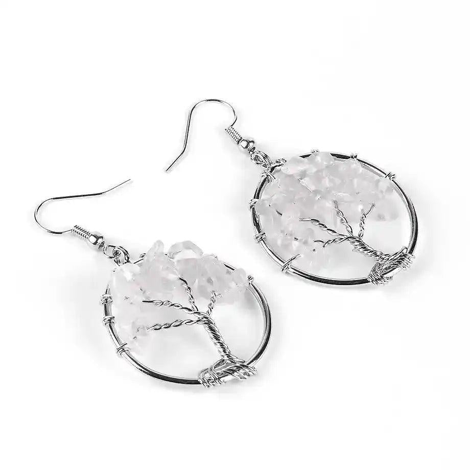 Tree of Life Crystal Drop Earrings with clear natural gemstones, symbolizing growth and positive energy.