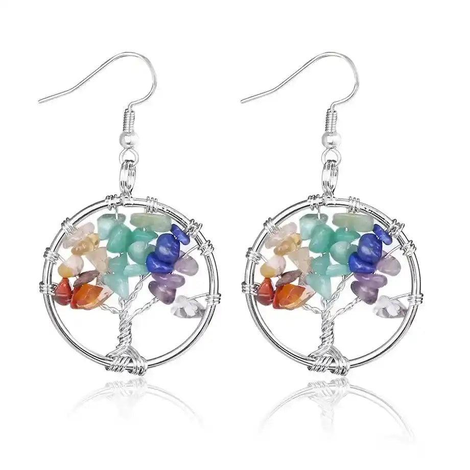 Tree of Life Crystal Drop Earrings with vibrant natural gemstones for balance and positive energy.