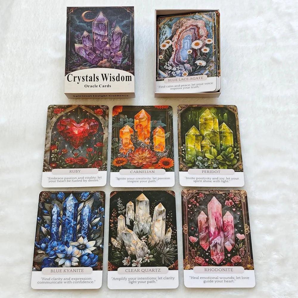 Crystal Wisdom Oracle Cards deck with vibrant illustrations of Ruby, Carnelian, Peridot, Blue Kyanite, Clear Quartz, and Rhodonite.
