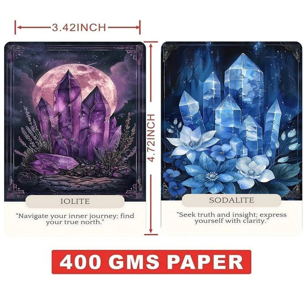 Two oracle cards: Iolite with purple crystals under a moon, and Sodalite with blue crystals and flowers.