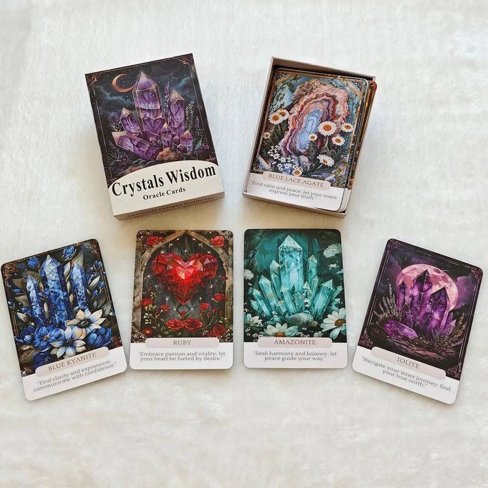Crystal Wisdom Oracle Cards: 5 vibrant crystal divination cards and 2 deck boxes on white.