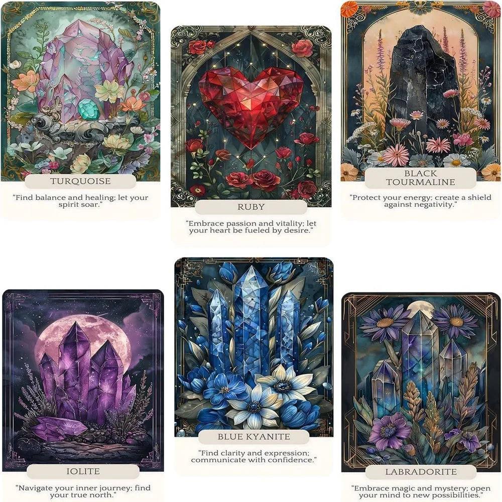 Six vibrant oracle cards featuring crystals like Turquoise, Ruby, and Black Tourmaline with healing affirmations.