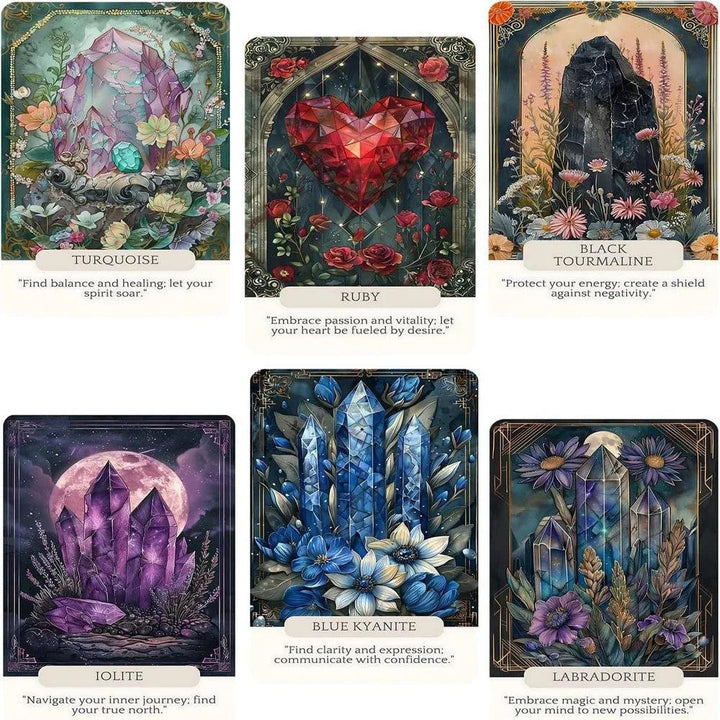 Six vibrant oracle cards featuring crystals like Turquoise, Ruby, and Black Tourmaline with healing affirmations.