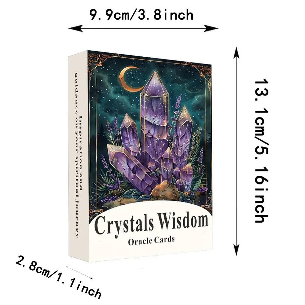 Crystal Wisdom Oracle Cards box featuring purple amethyst crystals under a crescent moon.