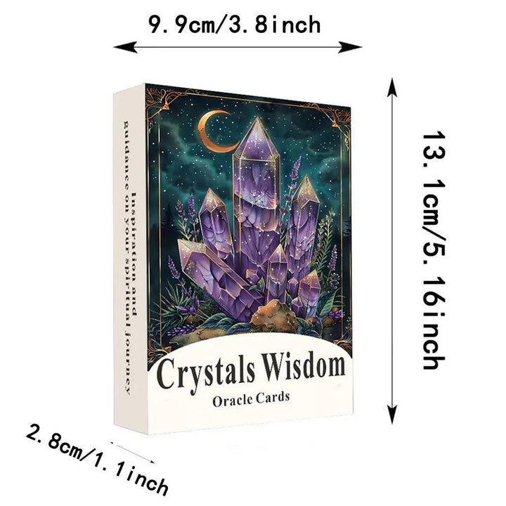 Crystal Wisdom Oracle Cards box featuring purple amethyst crystals under a crescent moon.