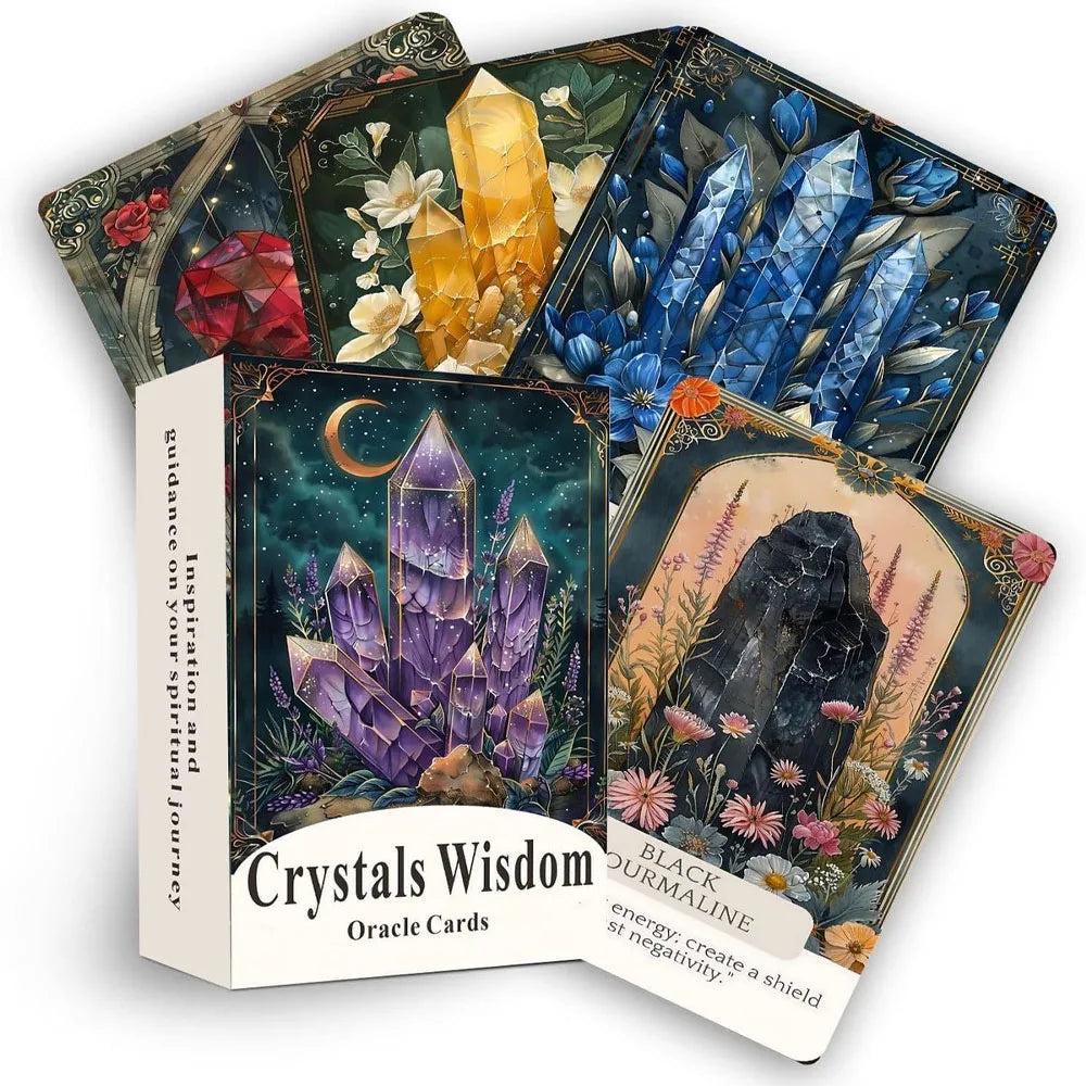 Crystal Wisdom Oracle Cards with amethyst, yellow, blue, and black tourmaline crystal art.