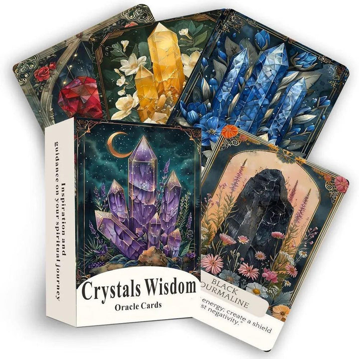 Crystal Wisdom Oracle Cards with amethyst, yellow, blue, and black tourmaline crystal art.