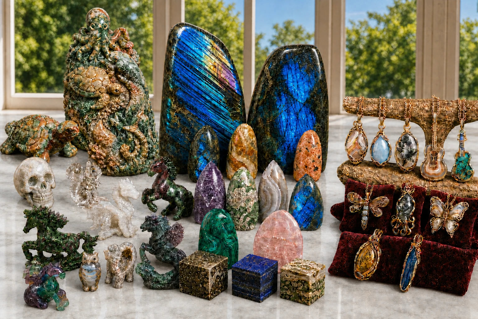 A collection of raw gemstones, crystals, and jewelry displayed on a marble surface in front of large windows. The assortment includes two large iridescent labradorite stones, a green dragon statue, a skull, various colored quartz-like stones, and gold-toned jewelry with butterfly and dragonfly motifs on velvet stands.