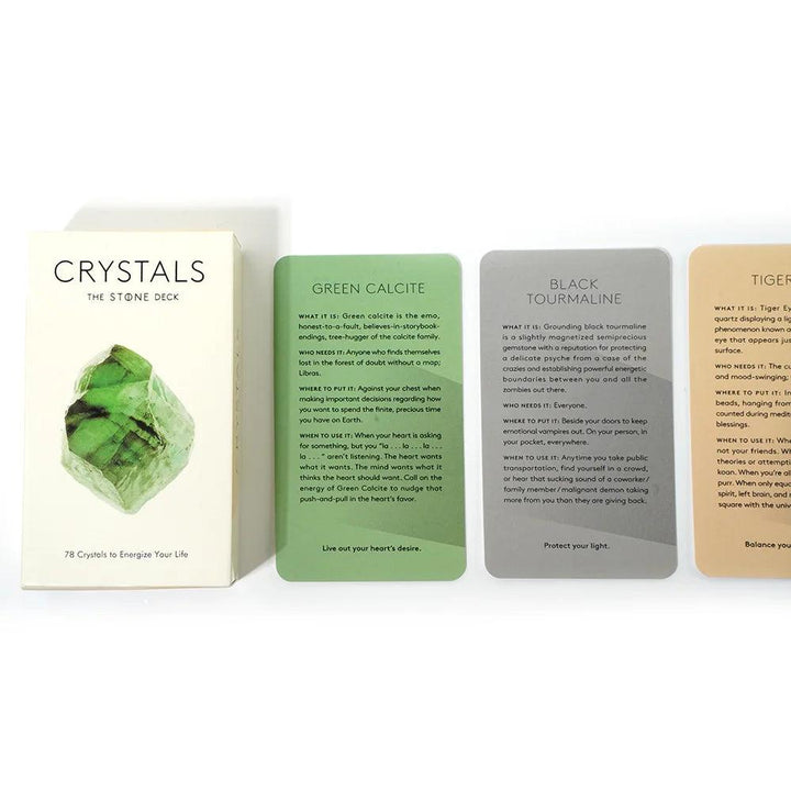 Deep Blue Crystals Tarot Oracle Deck with Green Calcite and Black Tourmaline cards for divination and guidance.