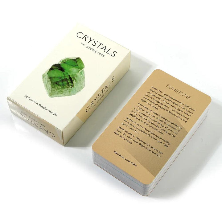 Crystals The Stone Deck with a vibrant green crystal on the box and a "Sunstone" card for divination and guidance.