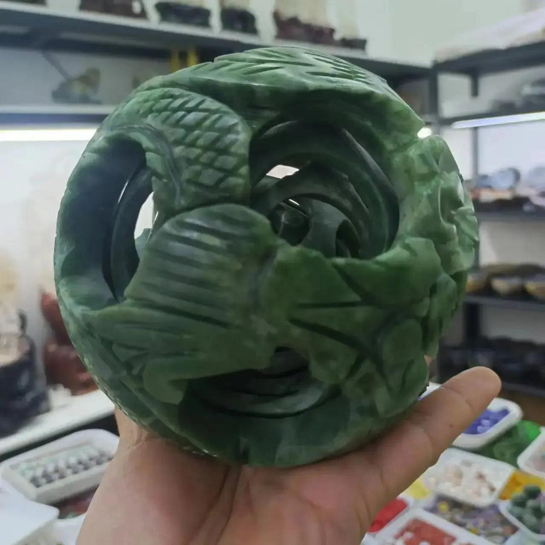 Cyan Jade Nested Sphere Carving | Sphere Within a Sphere