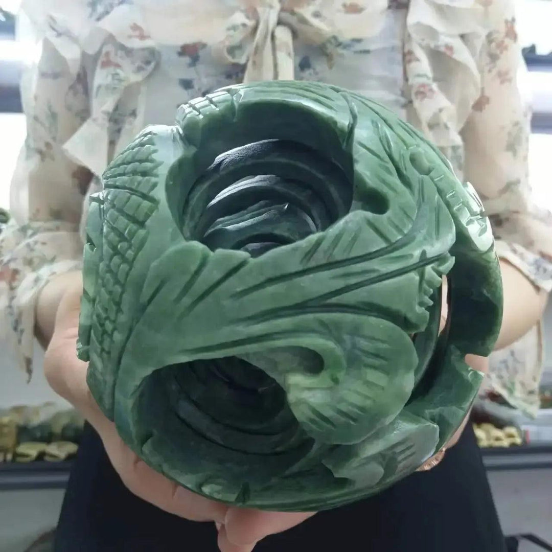 Cyan Jade Nested Sphere Carving | Sphere Within a Sphere