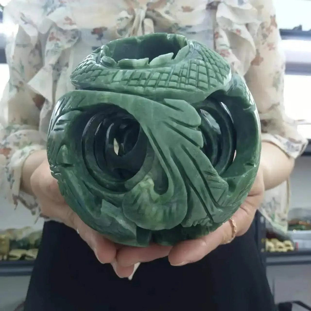 Cyan Jade Nested Sphere Carving | Sphere Within a Sphere