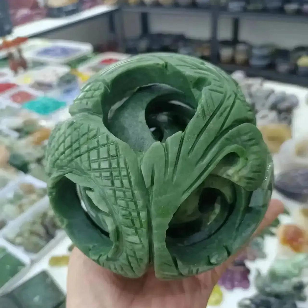 Cyan Jade Nested Sphere Carving | Sphere Within a Sphere