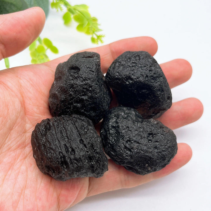 Four raw, irregular Czech Black Tektite meteorite specimens, dense and dark, held in a hand for grounding and protection.