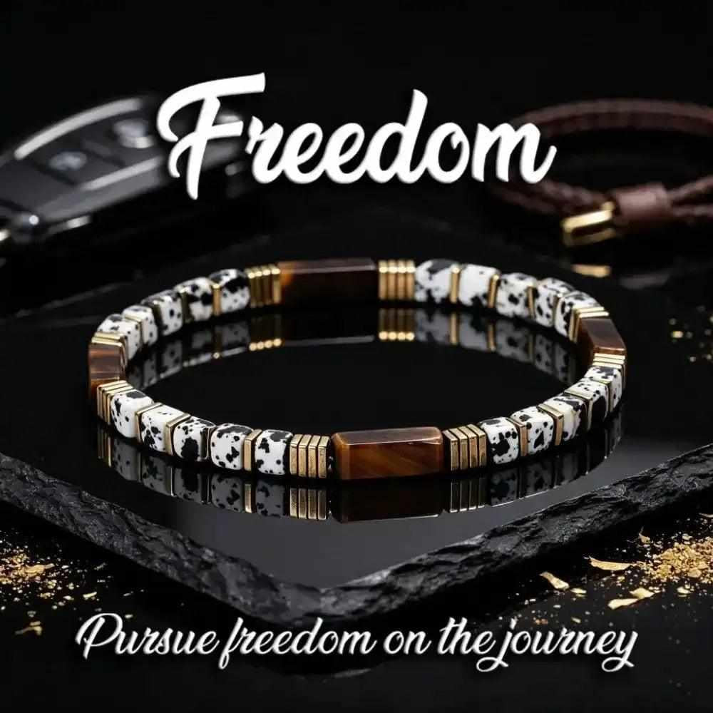 Dalmatian Jasper and Tiger's Eye bracelet featuring spotted square beads, golden-brown accents, and grounding copper spacers.
