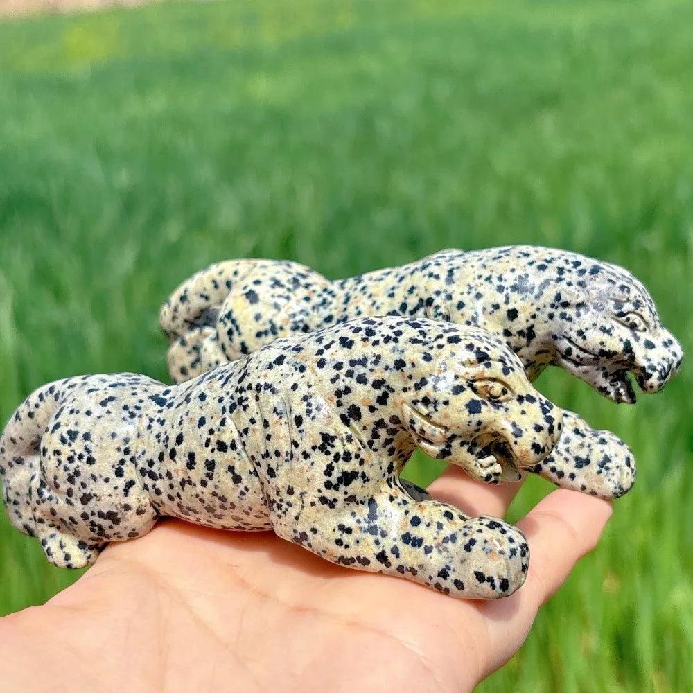 Hand-carved Dalmatian Jasper leopard crystal with playful spots for grounding and joyful energy in a palm-sized figure.