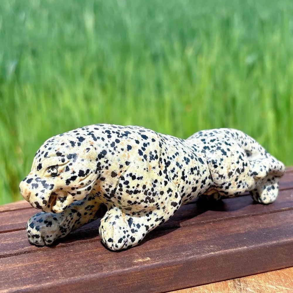 Hand-carved Dalmatian Jasper leopard crystal figure with playful spots for grounding, stability, and joyful energy.