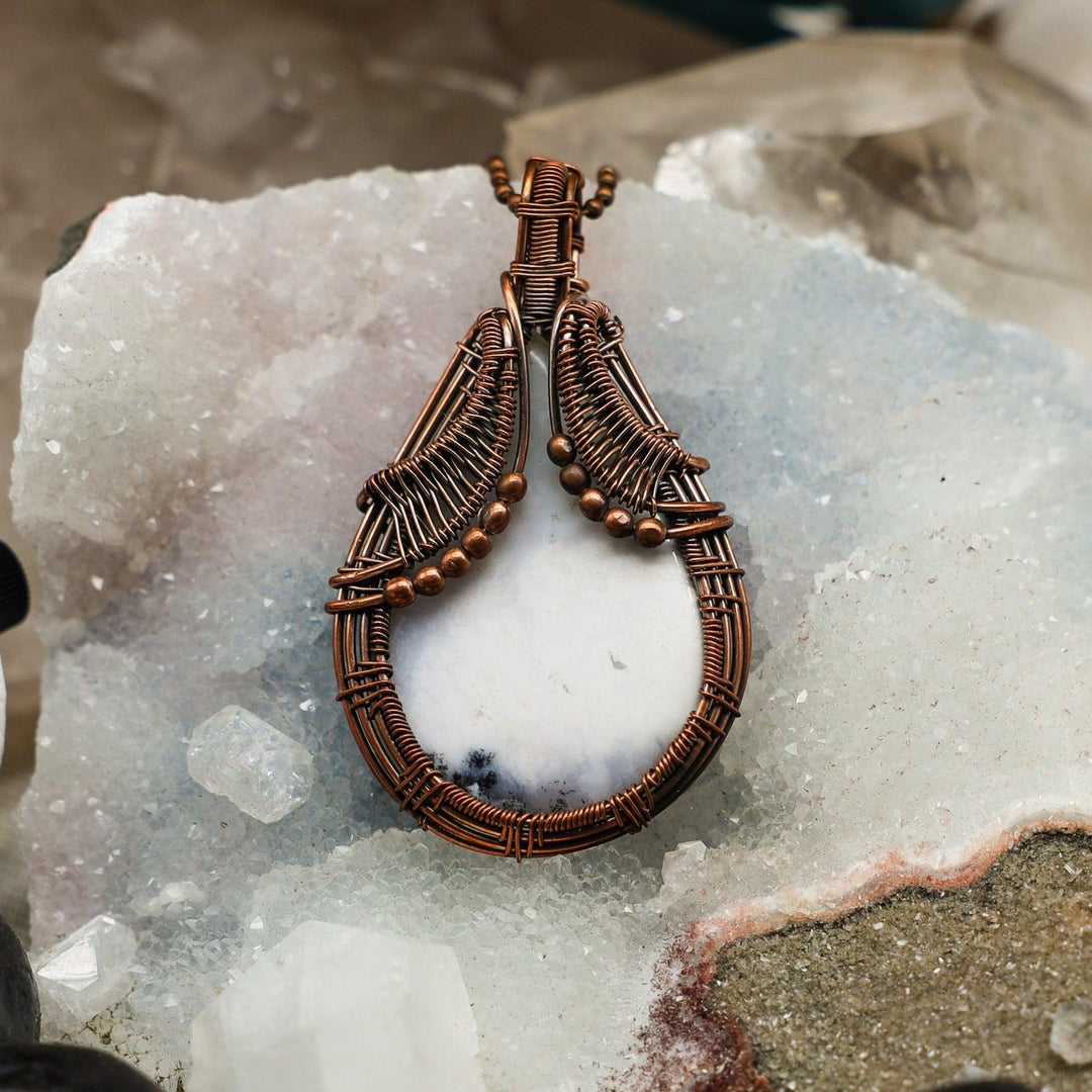 Dendritic Agate Wire Wrap Pendant, 3" handcrafted copper with unique tree-like inclusions for growth and abundance.