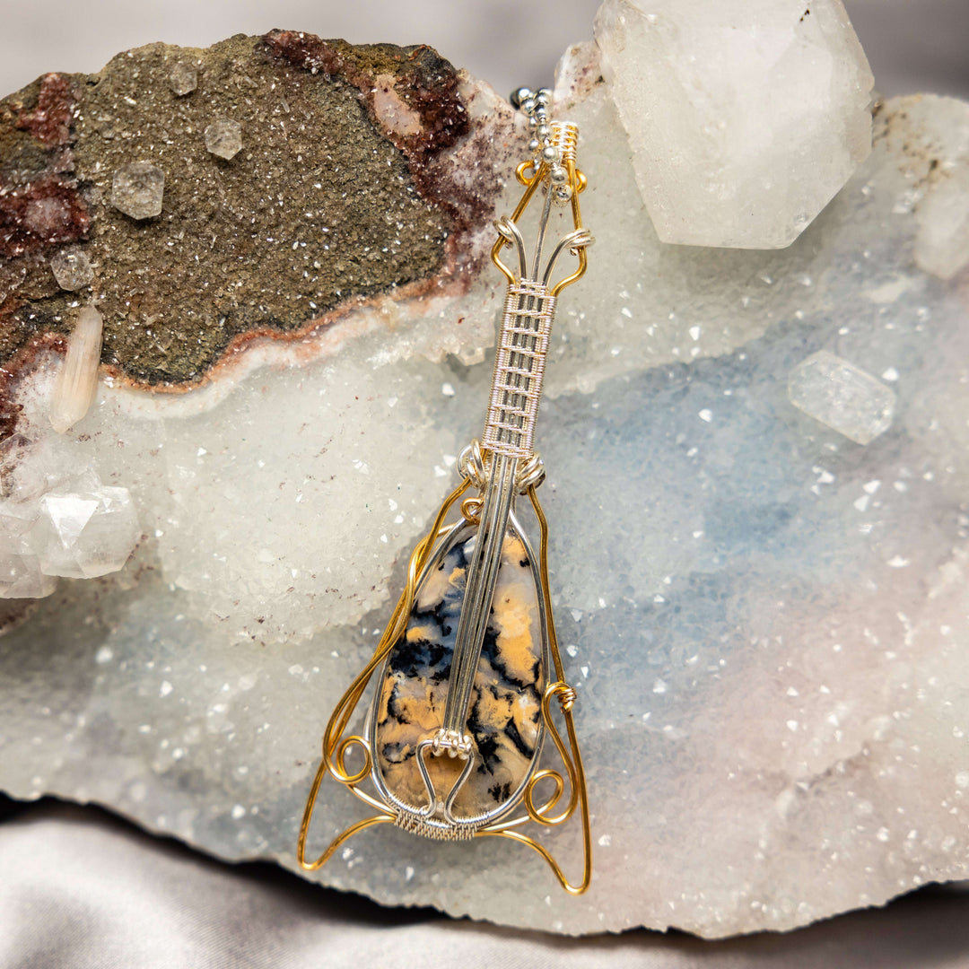 Dendritic Agate Guitar Wire Wrap Pendant 4 Inch-Wire Wraps-Crystal Destiny-Dendritic Agate-4.00"-Crystal Destiny