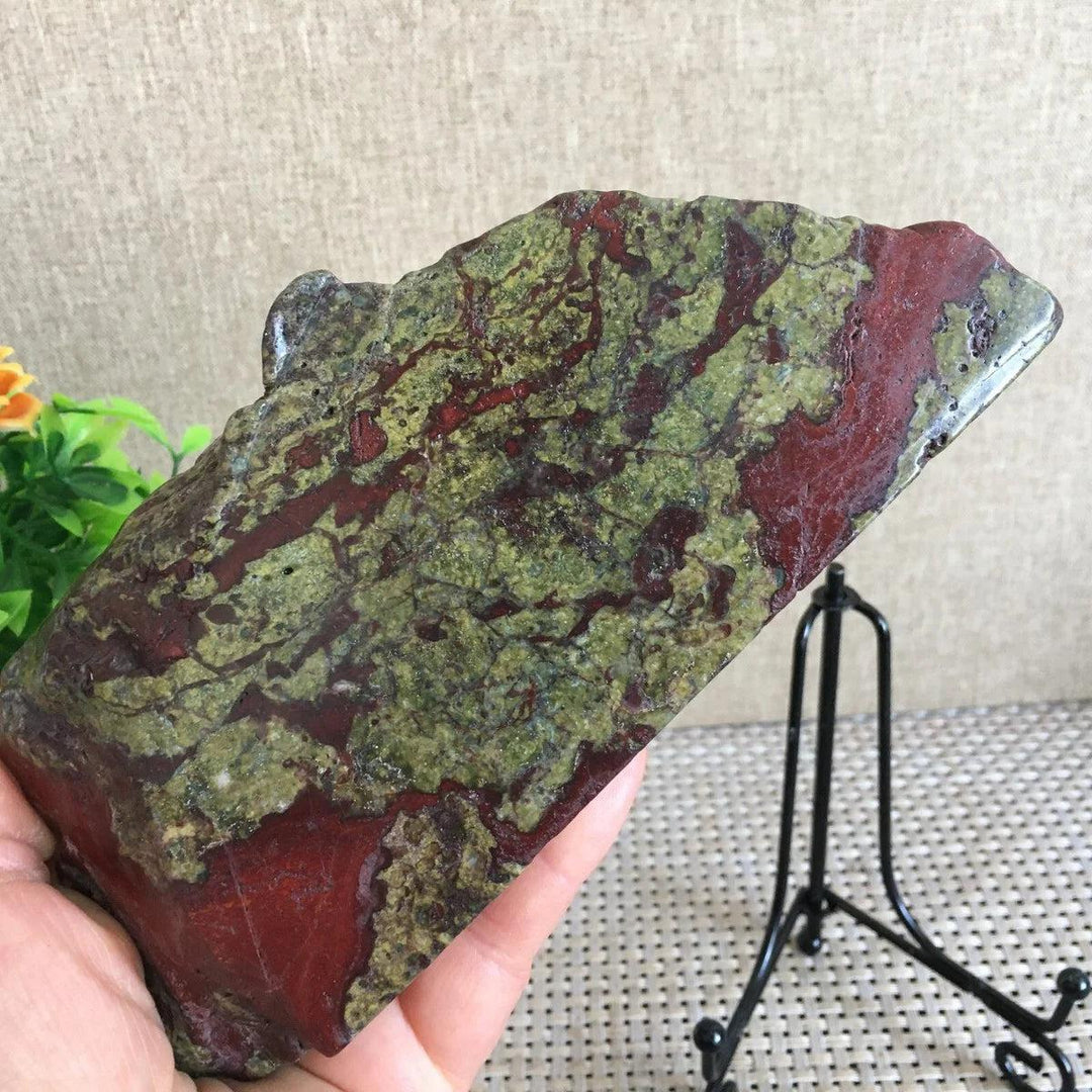 Polished Dragon Blood Jasper Crystal Freeform Slice with rich green and red veins for grounding.