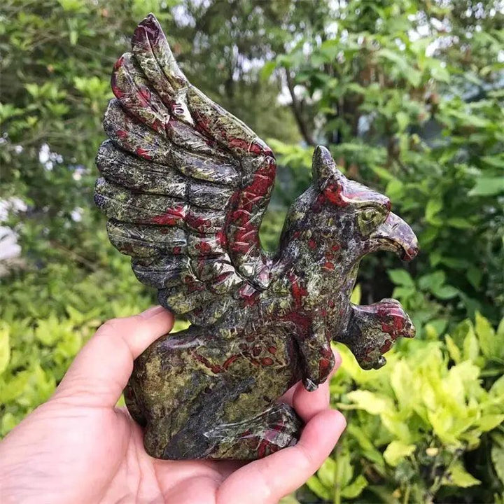 Dragon Blood Jasper Griffin Carved Statue, 150mm, with deep forest green and brick red patterning.