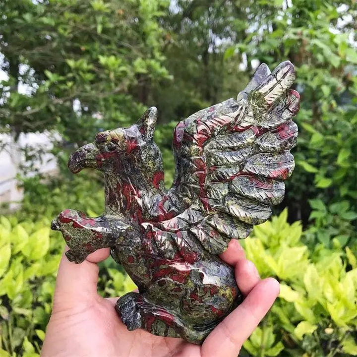 Dragon Blood Jasper Griffin Carved Statue, 150mm, with vivid green and brick red patterning for powerful heart energy.