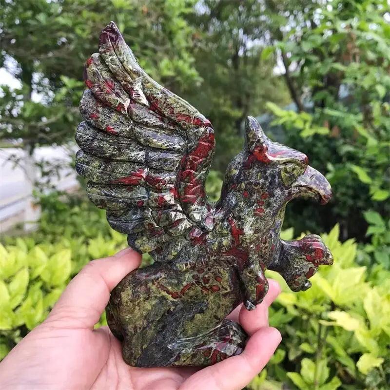 Dragon Blood Jasper Griffin Carved Statue, 150mm, with vivid green and brick red patterning.
