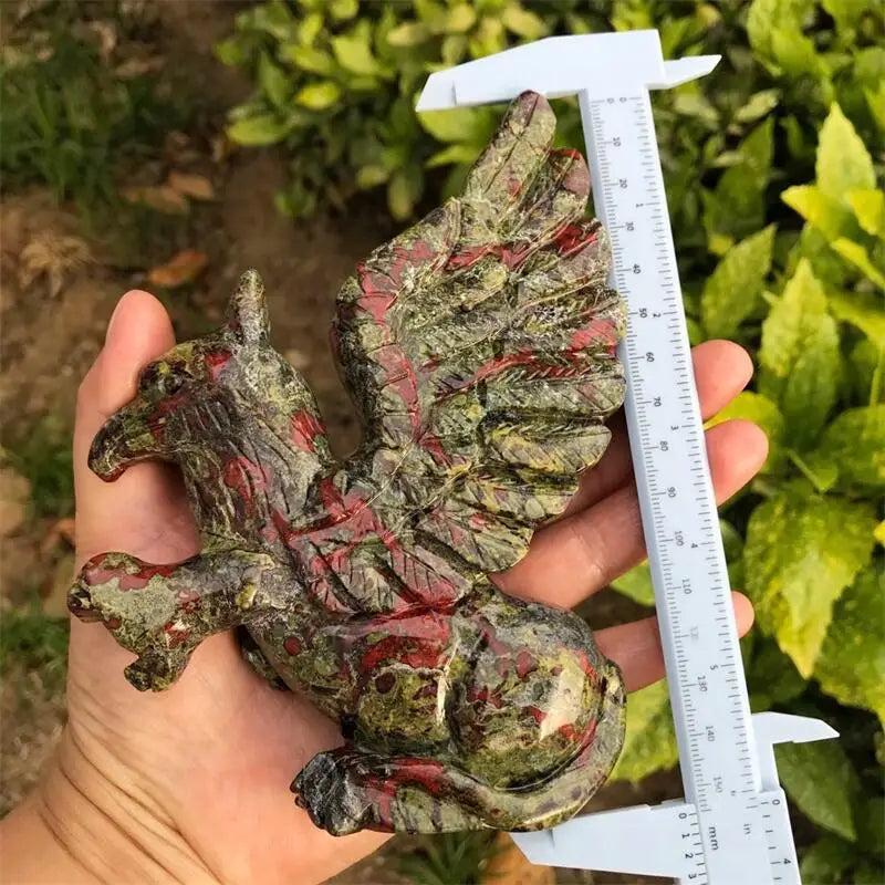 Dragon Blood Jasper Griffin Carved Statue, 150mm, showcasing deep forest greens and brick red for strength and wisdom.