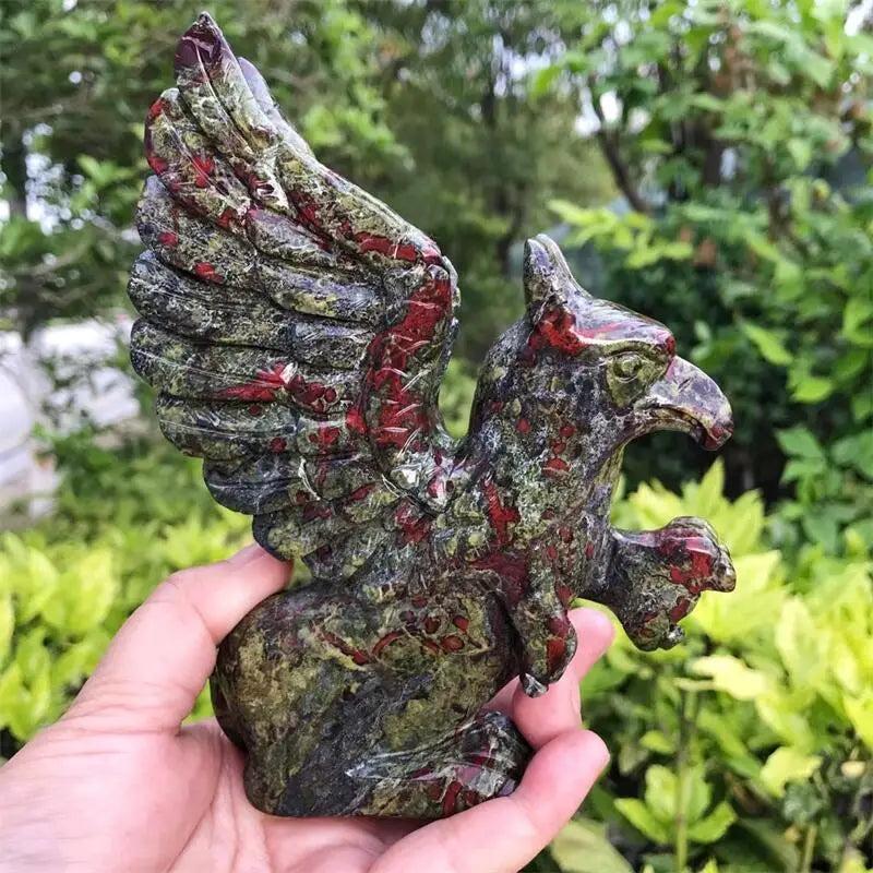 Dragon Blood Jasper Griffin Carved Statue, 150mm, with vivid green and brick red patterning, symbolizing strength and wisdom.