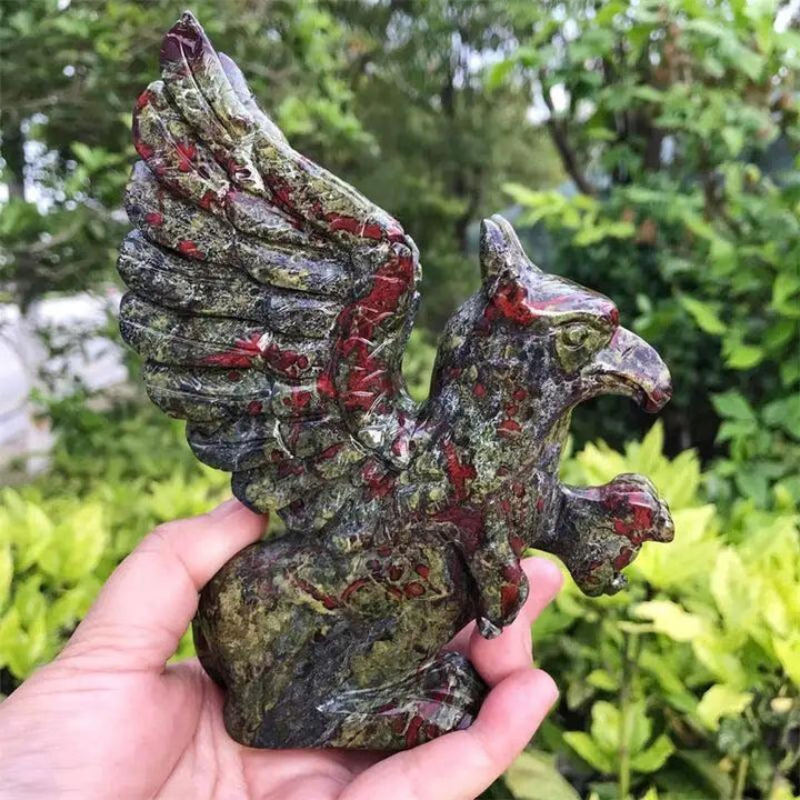 Dragon Blood Jasper Griffin Carved Statue, 150mm, with vivid green and brick red patterning, symbolizing strength and wisdom.