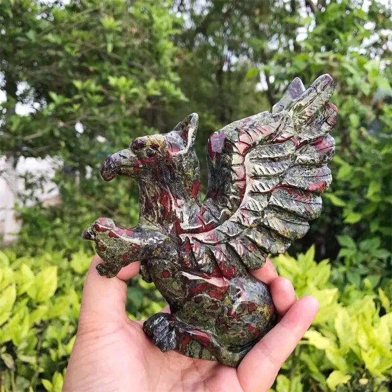Dragon Blood Jasper Griffin Carved Statue, 150mm, with vivid green and brick red patterning for love, healing, and protection.