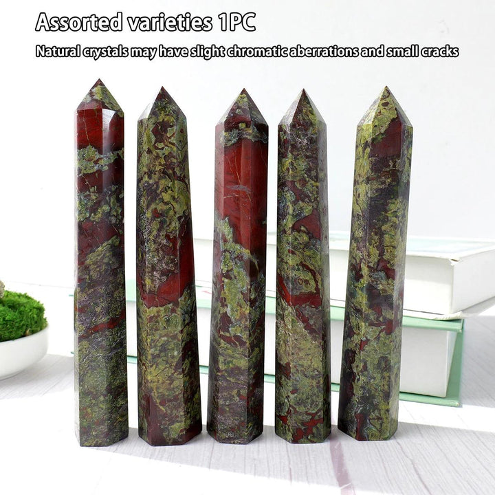 Five natural dragon blood stone crystal wands, 15-17cm, with red and green patterns, pointed obelisk tower shape.