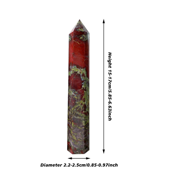 Natural dragon blood stone crystal wand, 15-17cm, red and green obelisk tower for healing decor.