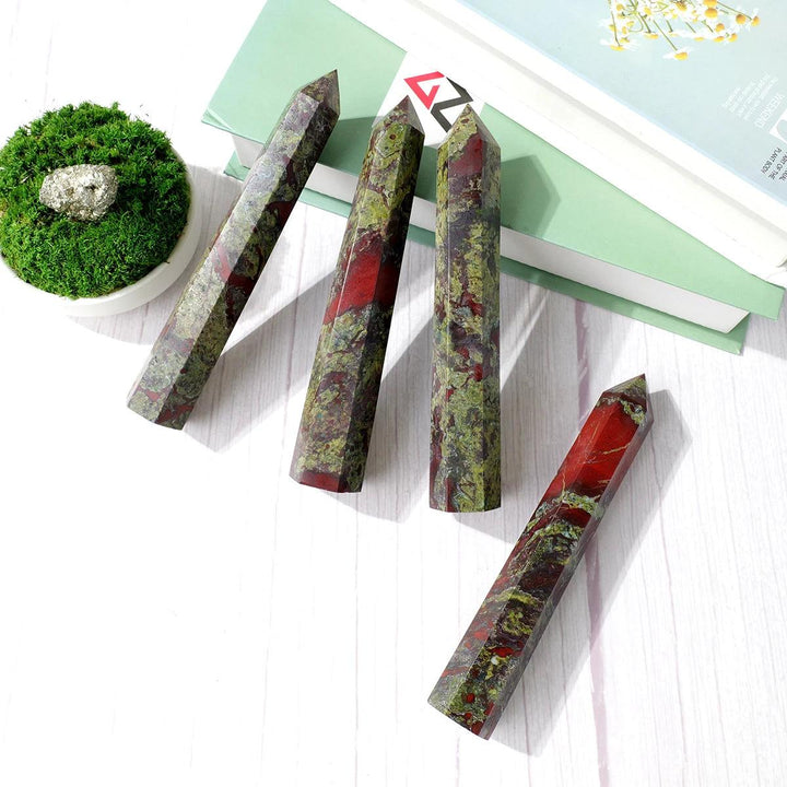 Natural dragon blood stone crystal wands, 15-17cm, green and red faceted obelisk towers for healing decor.