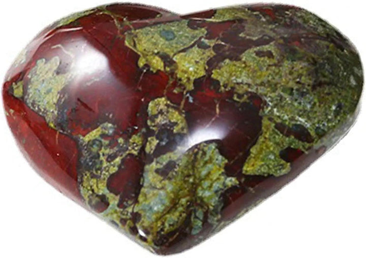 Polished Dragon Bloodstone crystal heart worry stone with deep red and green patterns for spiritual healing.